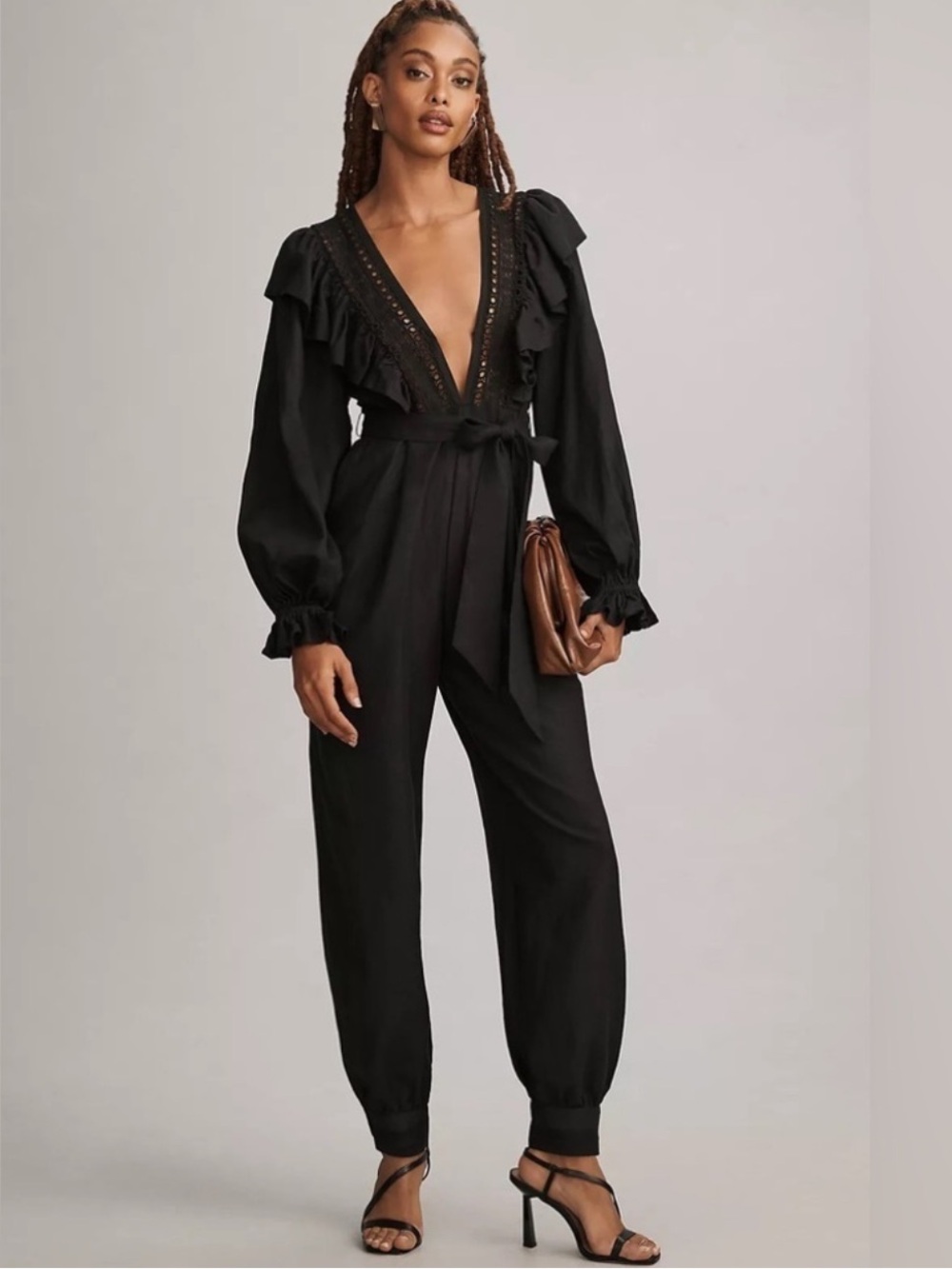 Farm Rio Black Laces & Ruffles long puff sleeve v neck eyelet Jumpsuit xs